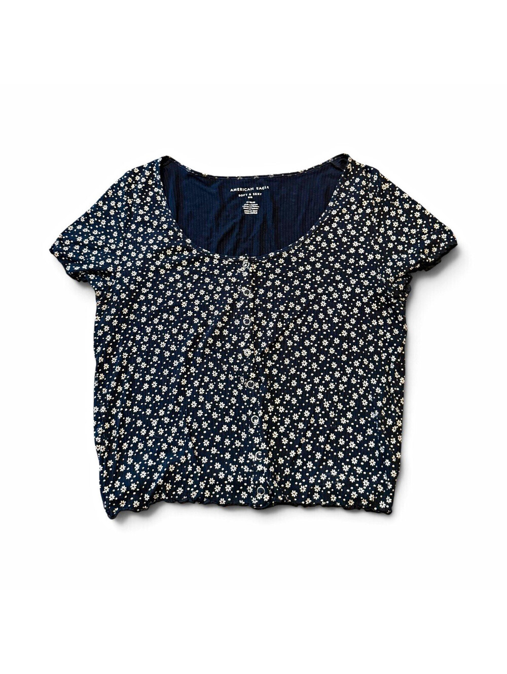 American Eagle Blue Ribbed Floral Scoop Neck Button Front Women's Top M